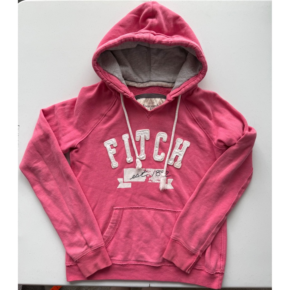 Y2K Abercrombie & Fitch Women's Pink Hoodie Sweatshirt Large Distressed Pullover